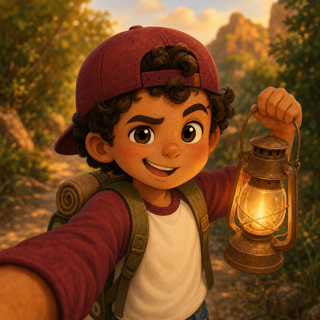 Ezra taking an adventurous selfie with a glowing lantern